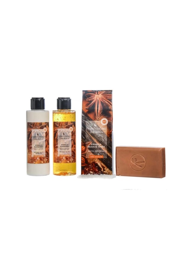 VANILLA CARAMEL ΛΟΣΙΟΝ ΣΩΜΑΤΟΣ 150ML, ΑΦΡΟΛΟΥΤΡΟ 150ML, ΑΛΑΤΑ ΜΠΑΝΙΟΥ 100GR, ΣΑΠΟΥΝΙ 100GR & ΣΦΟΥΓΓΑΡΙ