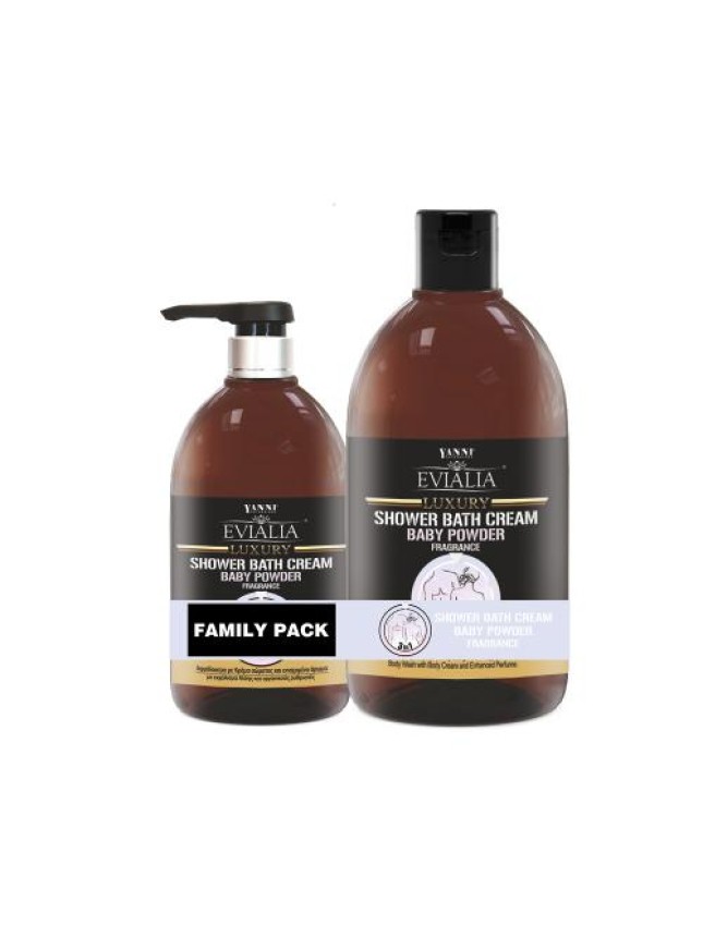 Evialia Family Pack Shower Bath Cream Baby Powder Με Κρέμα Σώματος & 18 ενεργά συστατικά - 1lt + 500ml